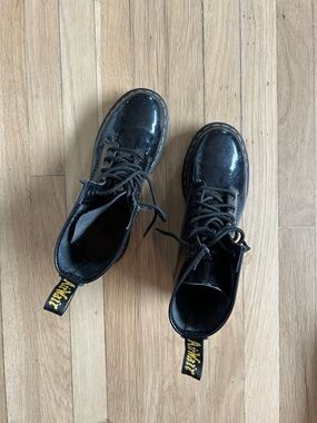 Dr. Martens Black Patent Leather Lace-Up Boots with Yellow Heel Loop